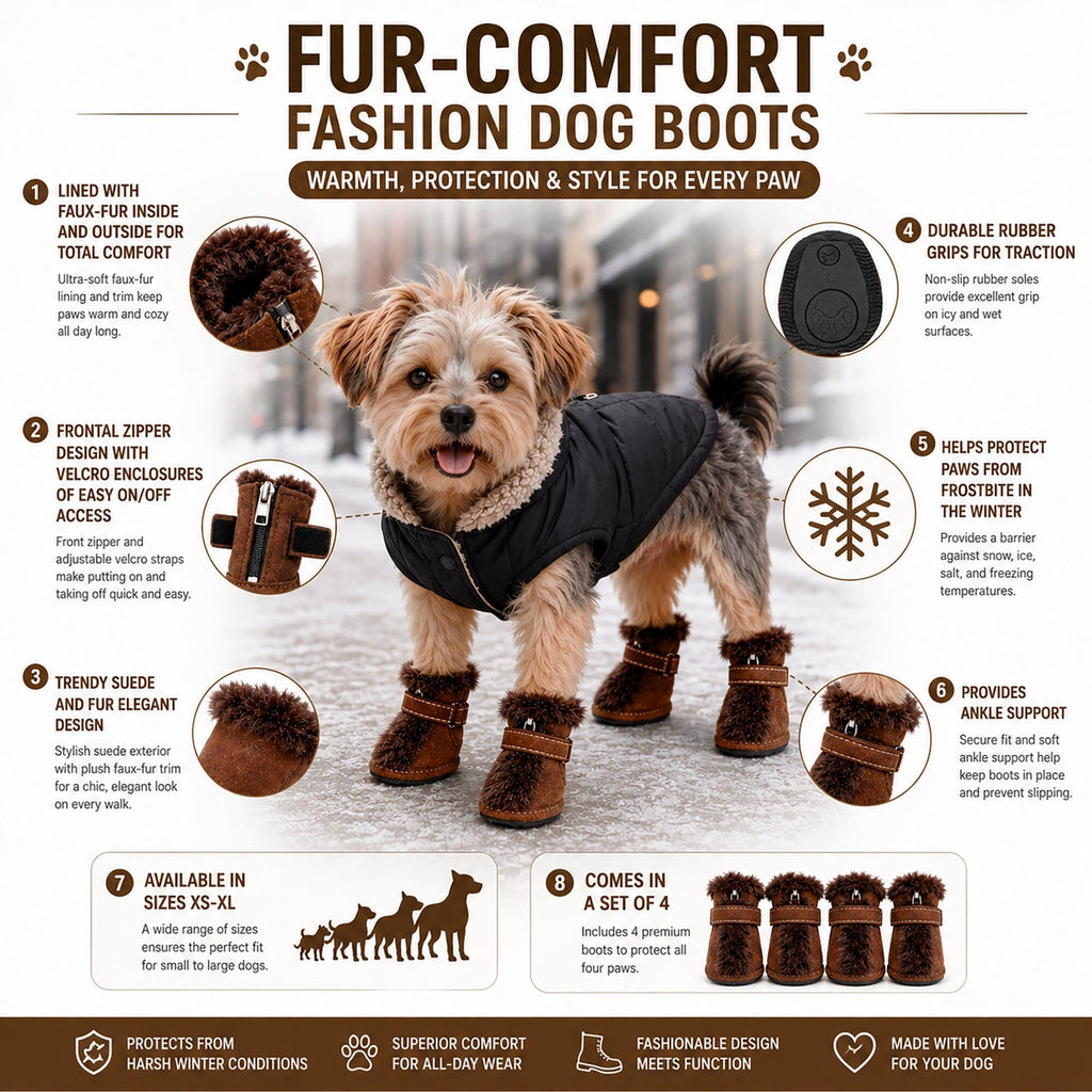 Pet Life ® Fur-Comfort 3M Insulated Fashion Fur and Suede Winter Dog Shoes Boots - Set of 4