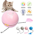 Smart Interactive Cat Toy Colorful LED Self Rotating Ball Bell and Feather Toys USB Rechargeable Cat Kitten Ball Toy Cat Exercise Ball with Feather Bell and Catnip