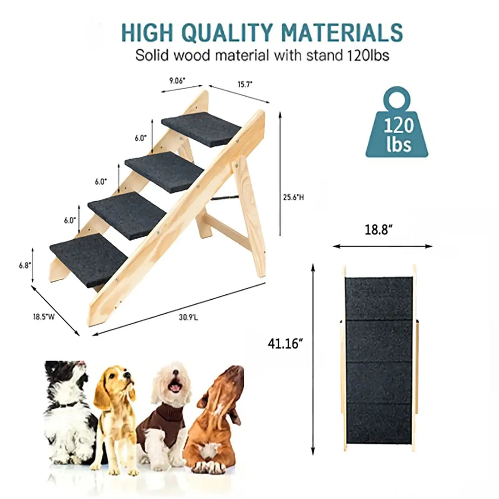 Wood Pet Stairs Foldable 3 Level Dog Ramp 110lb Capacity