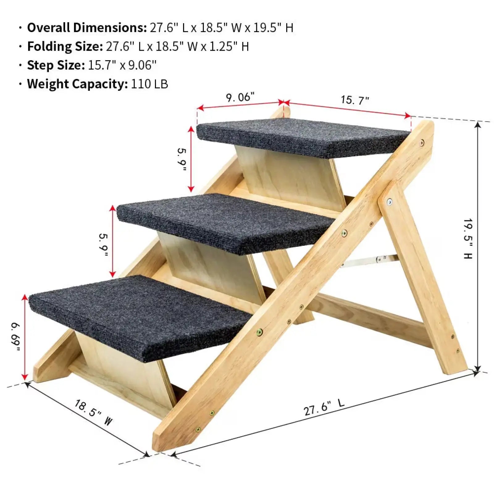 Wood Pet Stairs Foldable 3 Level Dog Ramp 110lb Capacity