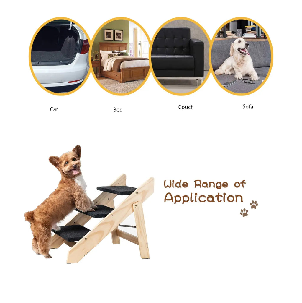 Wood Pet Stairs Foldable 3 Level Dog Ramp 110lb Capacity