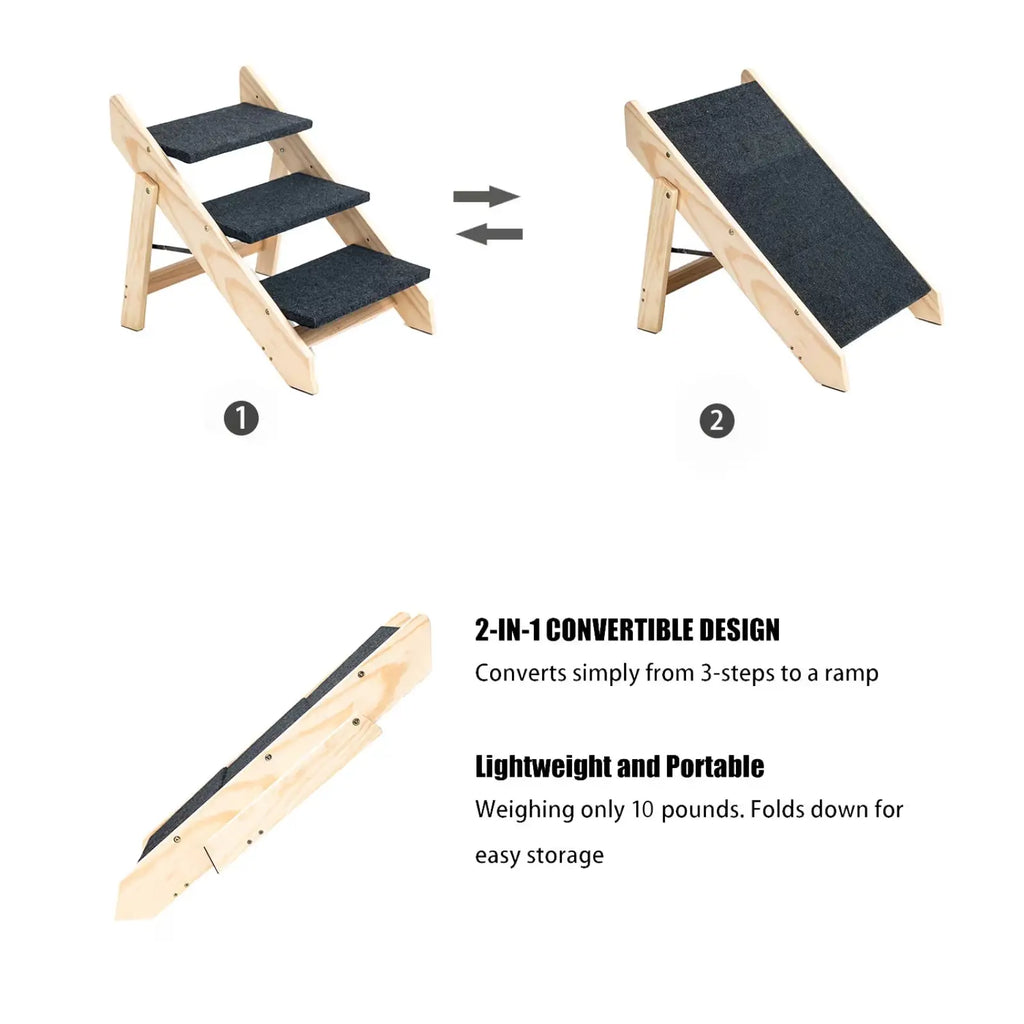 Wood Pet Stairs Foldable 3 Level Dog Ramp 110lb Capacity